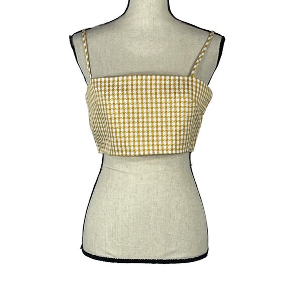 Nasty Gal SZ 8 Crop Top Gingham Spaghetti Strap Rear Zip Mustard Yellow New - Picture 1 of 10